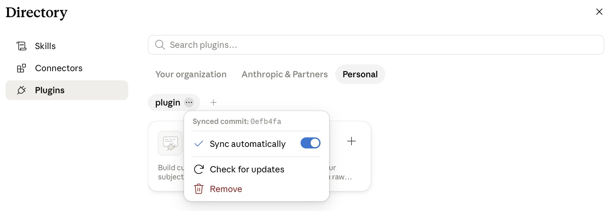 The Watt plugin's ⋯ menu with Sync automatically toggled on and the Check for updates option