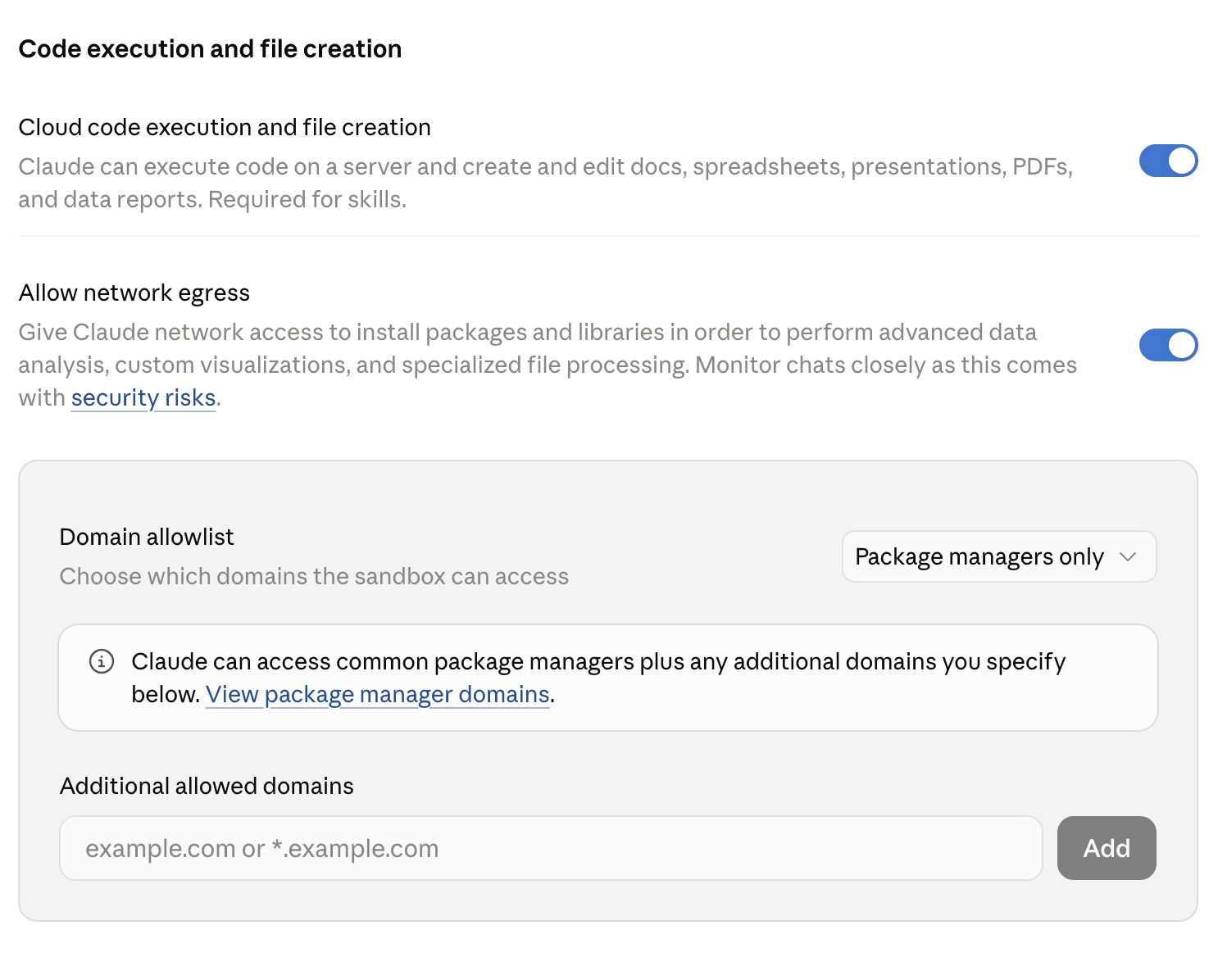 Personal Claude Capabilities settings with network egress on and the domain allowlist set to All domains